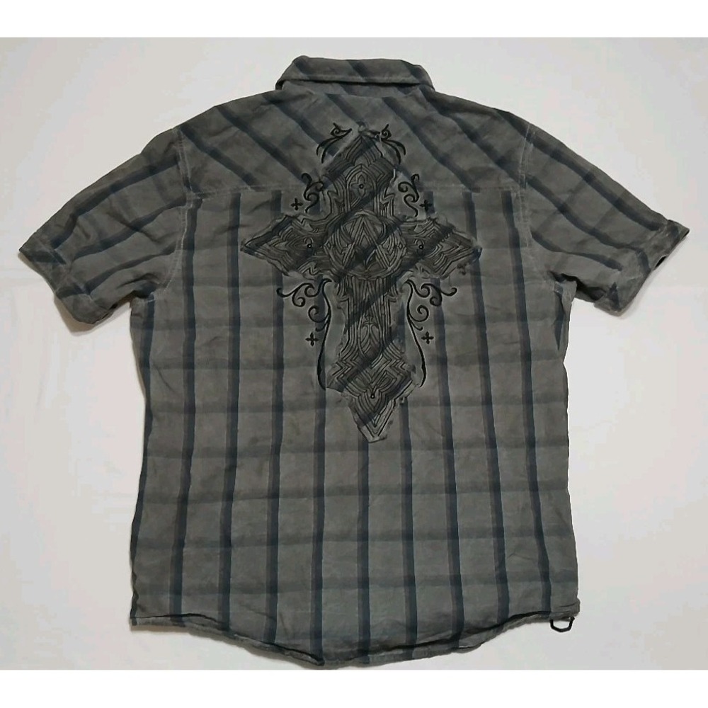 Affliction Black Premium Mens Short Sleeve Button Shirt Embroidered Cross Medium - Picture 5 of 8